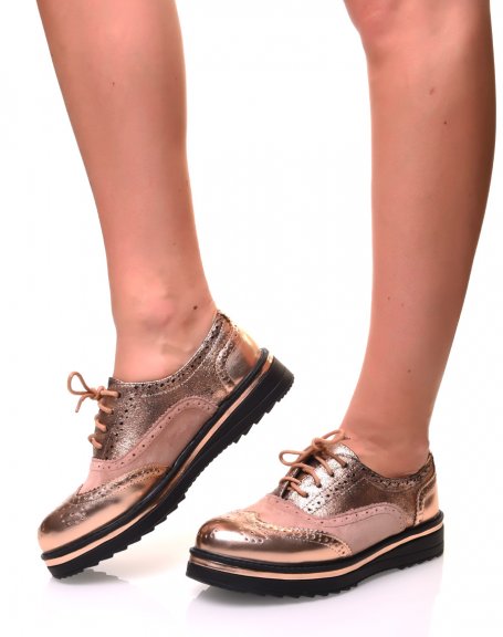 Champagne and rose gold derbies with wedge soles