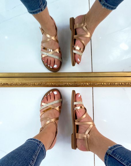 Champagne-colored slippers with multiple straps