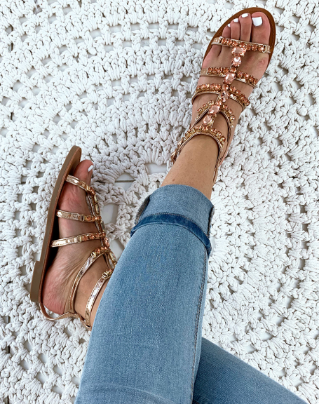 Champagne high-top sandals with fancy jewels