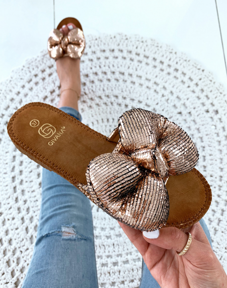 Champagne slippers with big puffy knot