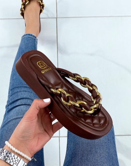 Chocolate brown mules with thick sole and black and gold twisted strap