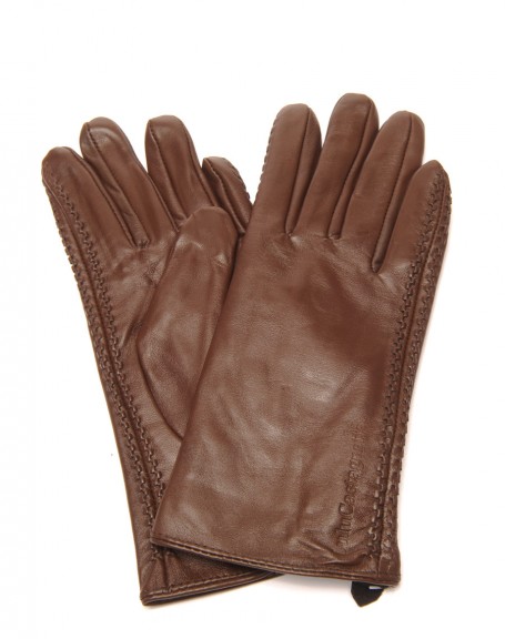 Chocolate leather gloves LuluCastagnette embroidered