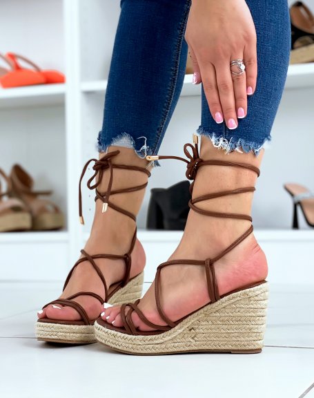Chocolate wedges with thin straps and criss-cross laces