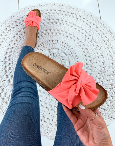Coral suedette mules with large flying bow