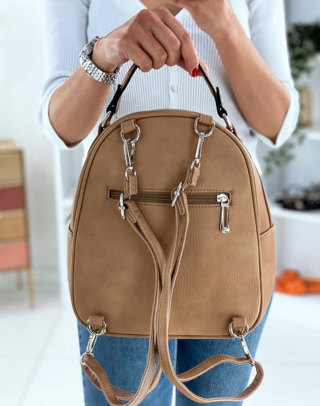 Dark beige backpack with silver zips