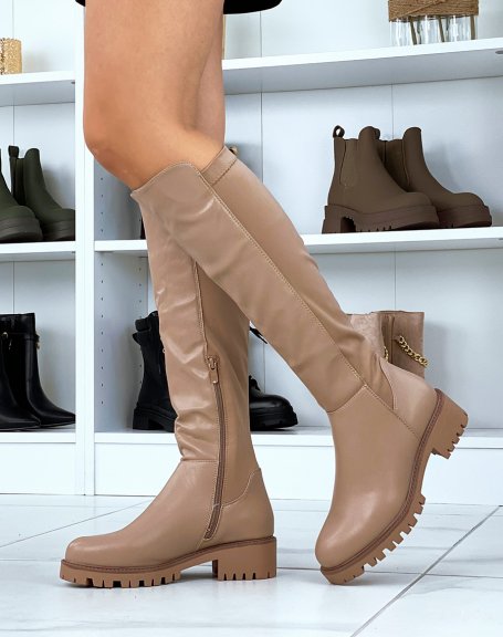Dark beige bi-material fabric-effect boots