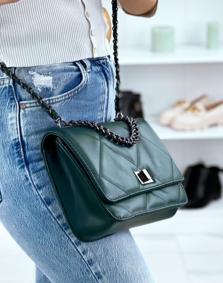 Dark green quilted-effect crossbody bag with silver chain