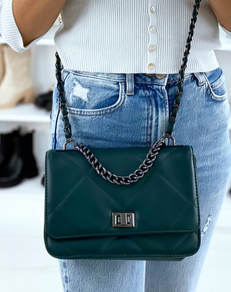 Dark green quilted-effect crossbody bag with silver chain