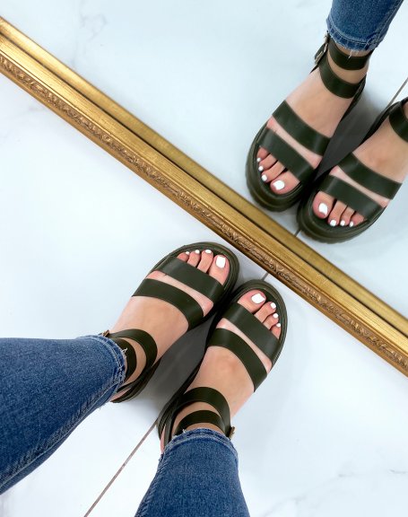 Dark green sandals with small heel and multiple thick straps