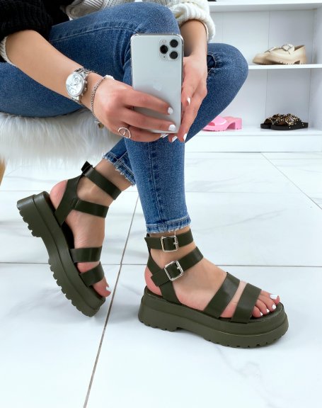 Dark green sandals with small heel and multiple thick straps