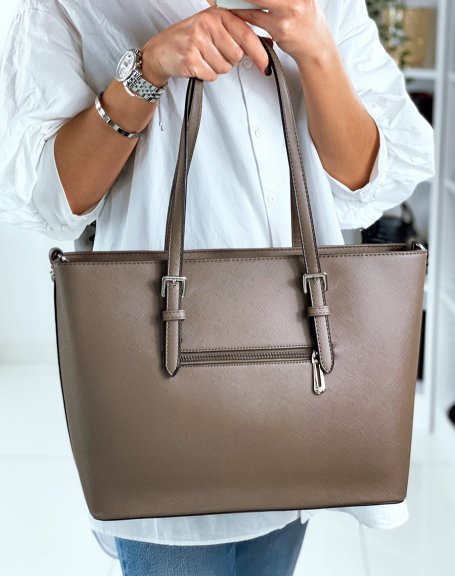 Dark taupe cabat type handbag in faux leather