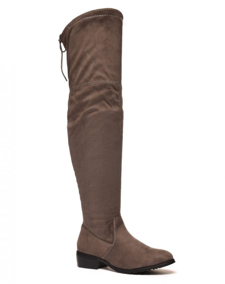 Dark taupe suede-effect flat thigh boots