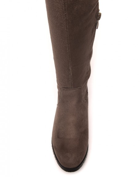 Dark taupe suede-effect flat thigh boots