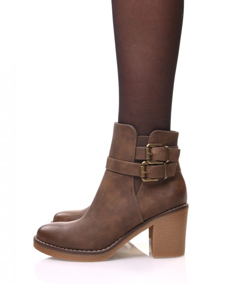 Distressed taupe ankle boots with buckles
