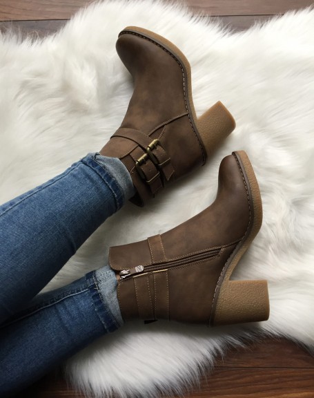 Distressed taupe ankle boots with buckles