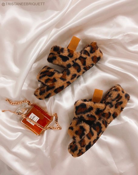 Double Strap Leopard Faux Fur Slippers