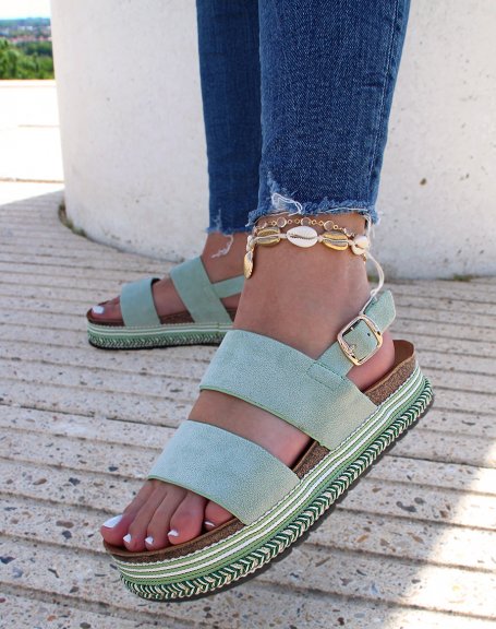 Double strap sandals in pastel green suede