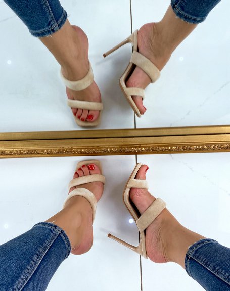Double-strap suedette mules with beige heel