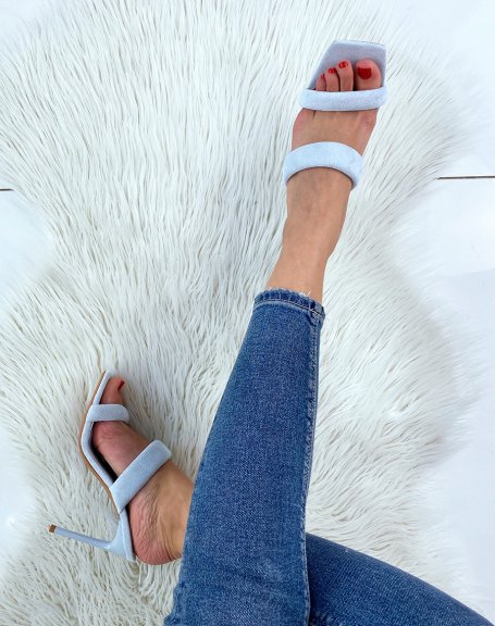 Double-strap suedette mules with pastel blue heel