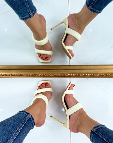 Double-strap suedette mules with pastel yellow heel