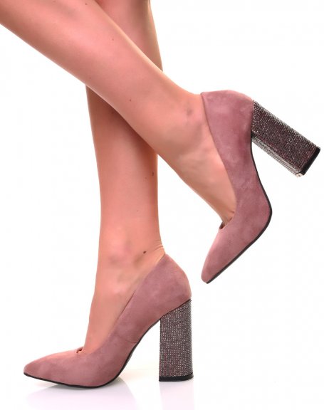 Dusty pink suedette pumps with square rhinestone heels