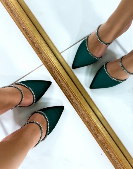 Emerald green pump-style mules with rhinestones