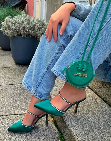 Emerald green pump-style mules with rhinestones