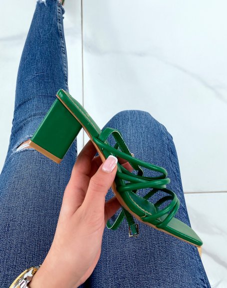 Emerald green sandals with heel and multiple straps