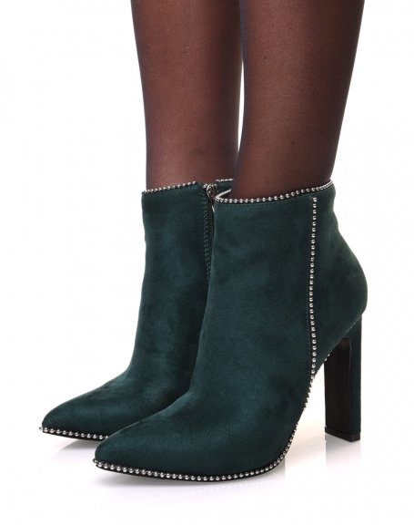 Emerald green suedette ankle boots with studded details and heels
