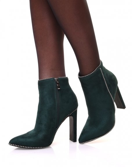 Emerald green suedette ankle boots with studded details and heels
