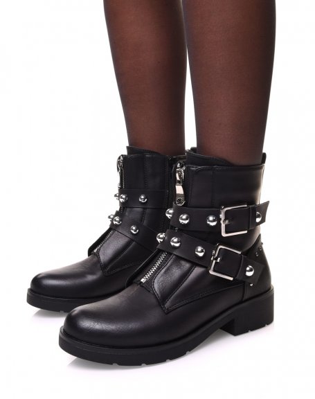 Flat black ankle boots with beaded straps