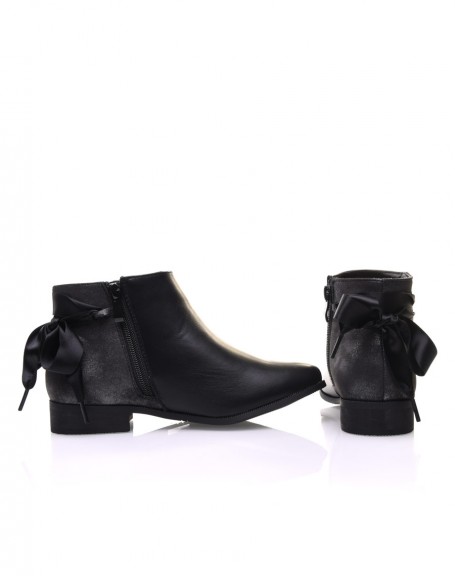 Flat black ankle boots with decorative satin lace