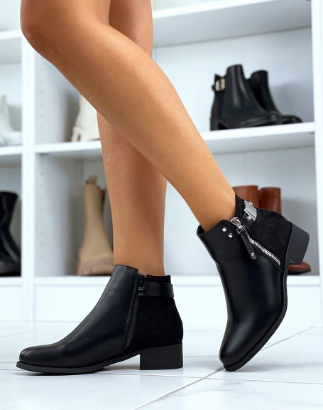 Flat black ankle boots with decorative zipper