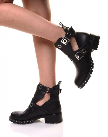 Flat black ankle boots with openwork eyelets
