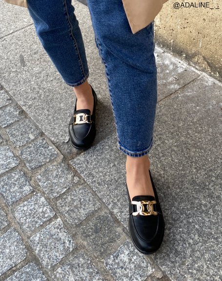 Flat black loafers with gold chain