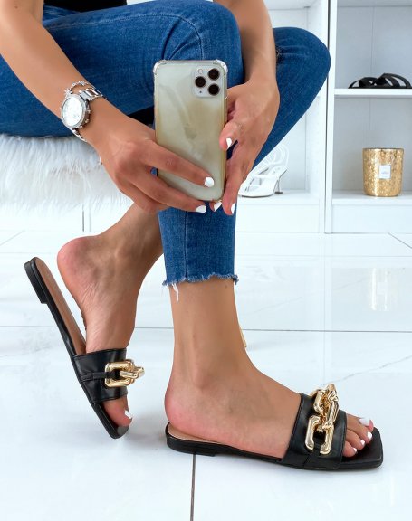 Flat black mules with big gold chain and square toe