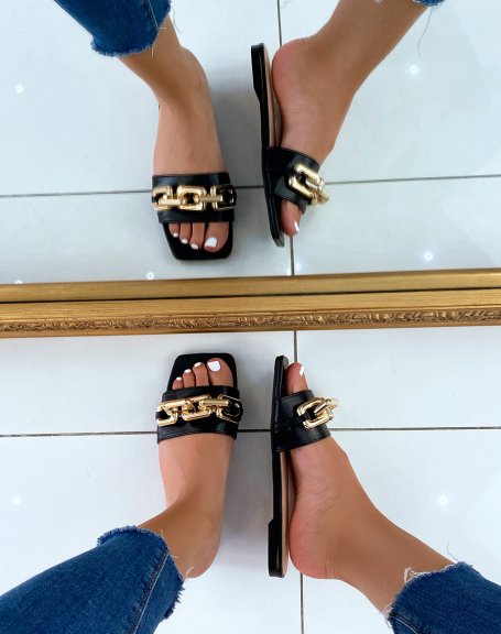 Flat black mules with big gold chain and square toe