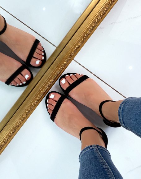 Flat black suedette sandals with thin straps