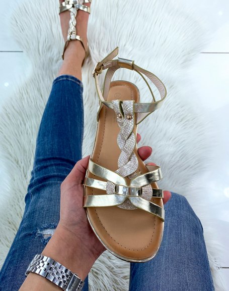 Flat golden sandals with multiple braided straps