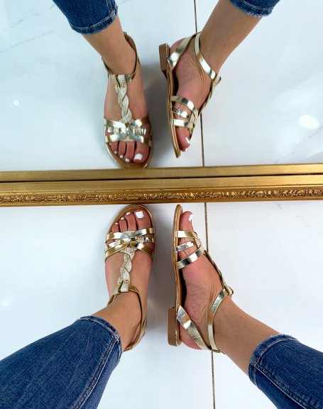 Flat golden sandals with multiple braided straps