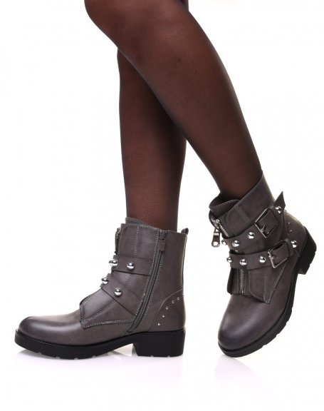 Flat gray ankle boots with beaded straps