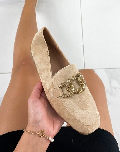 Flat moccasins in beige suede with double golden buckles