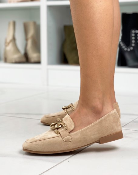 Flat moccasins in beige suede with double golden buckles