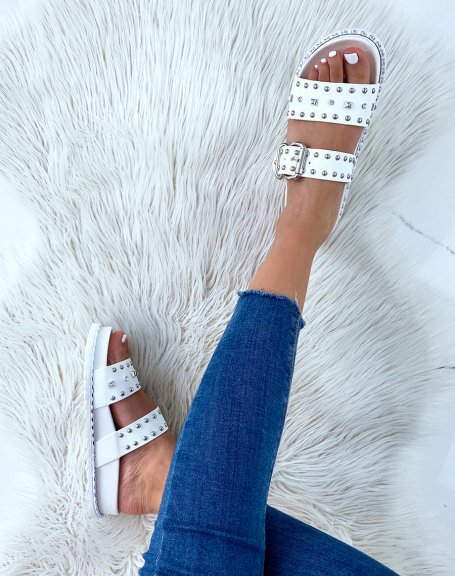 Flat mules with double straps and studded details
