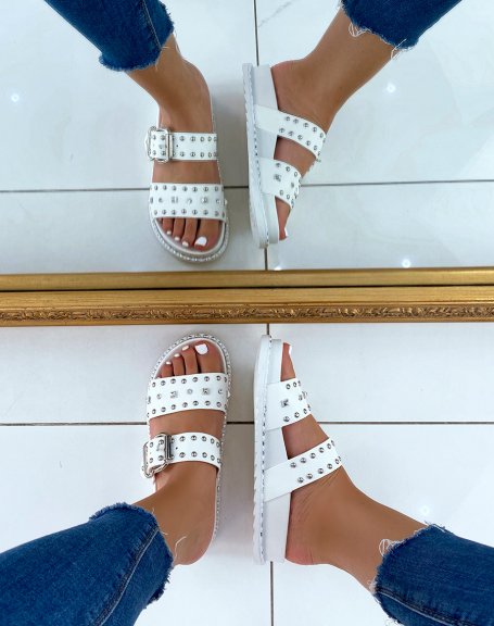 Flat mules with double straps and studded details