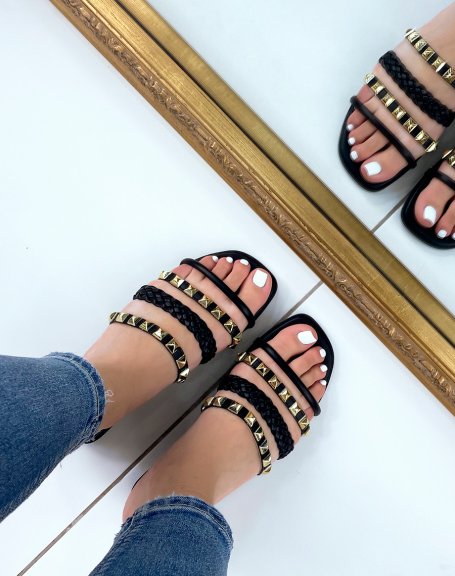 Flat mules with multiple braided straps and gold details