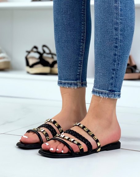 Flat mules with multiple braided straps and gold details