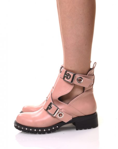 Flat pink ankle boots with openwork eyelets