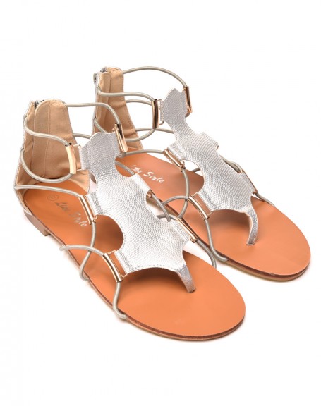 Flat sandal with silver elastic