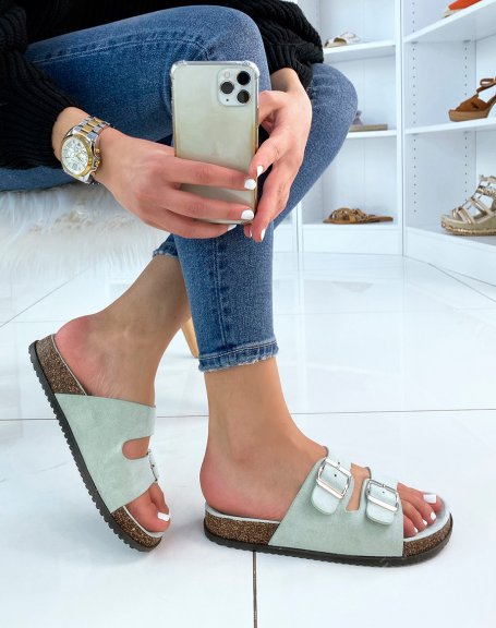 Flat sandals in pastel green suedette with double thick straps